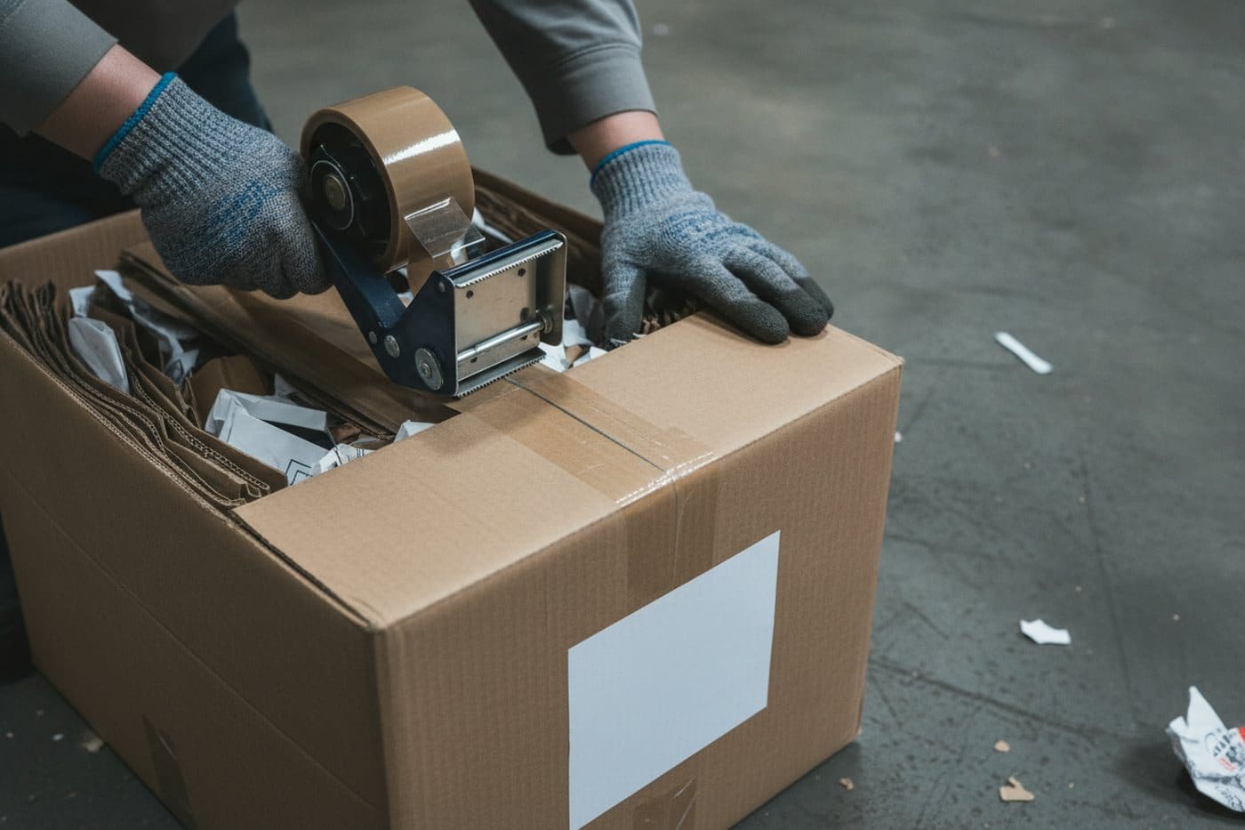 Gloved hands sealing a packed recycling carton
